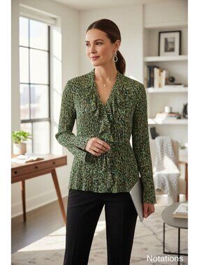 Notations Green Abstract Ruffle Front Blouse Modern Romantic Boho-Chic Plisse` W